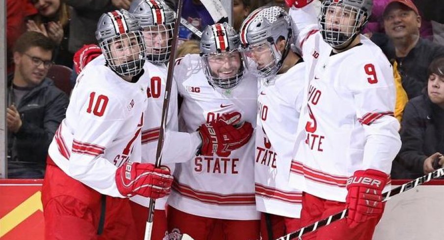 The Buckeyes celebrate a goal in their 5-4 win over Mercyhurst.