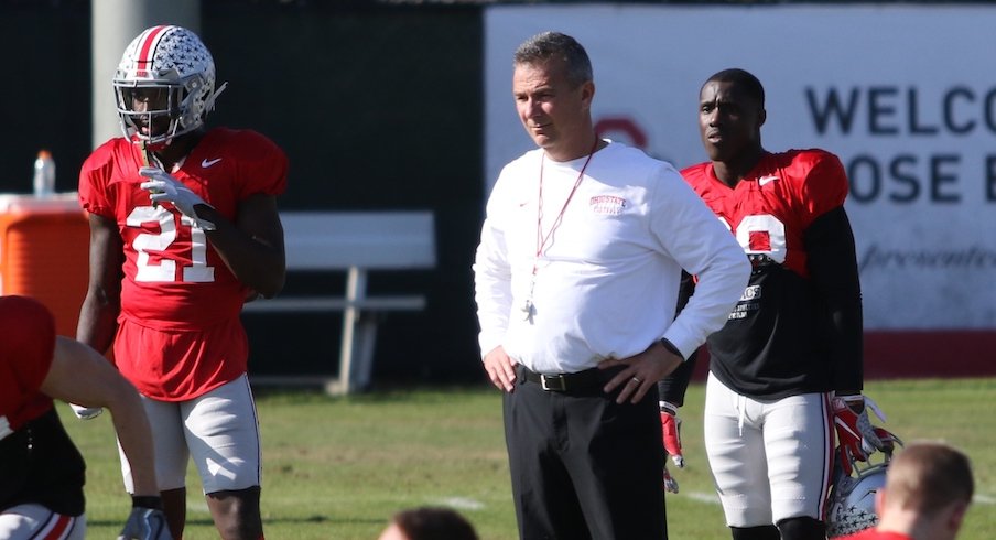 Parris Campbell, Urban Meyer and Demario McCall during Ohio State practice.