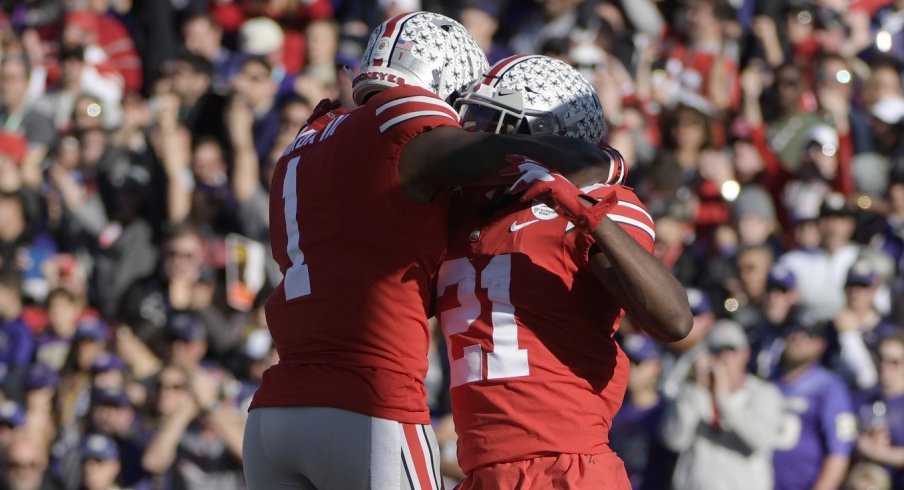 Jan 1, 2019; Pasadena, CA, USA; Ohio State Buckeyes wide receiver Parris Campbell (21) celebrates after making a catch for a touchdown with wide receiver Johnnie Dixon (1) in the first quarter against the Washington Huskies in the 2019 Rose Bowl at Rose Bowl Stadium. Mandatory Credit: Kirby Lee-USA TODAY Sports