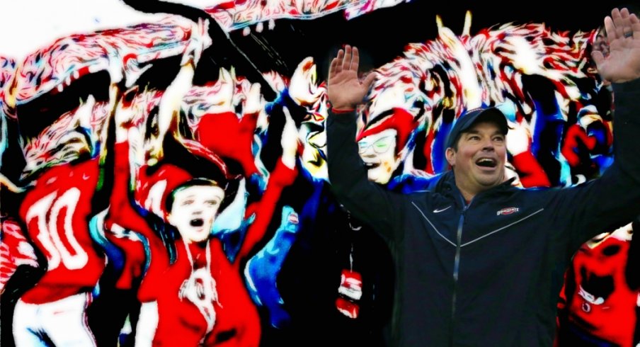 Nov 24, 2018; Columbus, OH, USA; Ohio State Buckeyes assistant coach Ryan Day (right) celebrates following a Buckeyes win against the Michigan Wolverines at Ohio Stadium. Mandatory Credit: Joe Maiorana-USA TODAY Sports