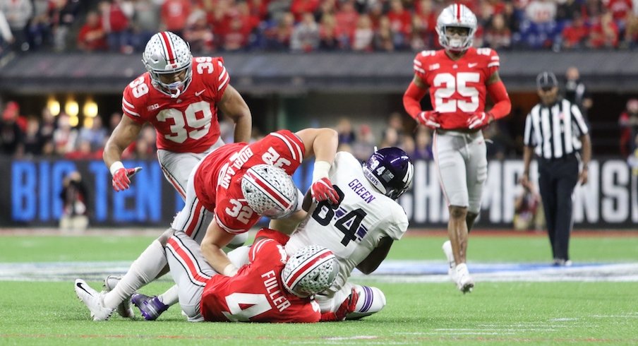 Malik Harrison (39), Tuf Borland (32) and Jordan Fuller (4)