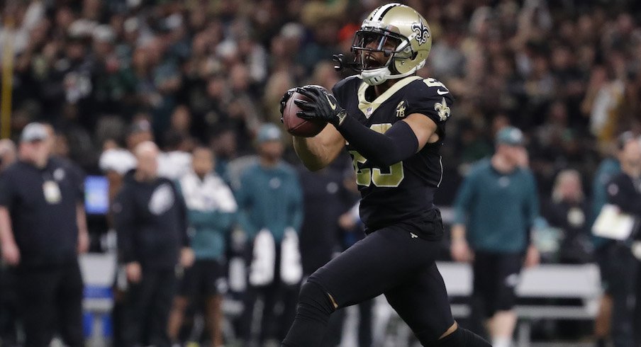 Marshon Lattimore celebrates an interception