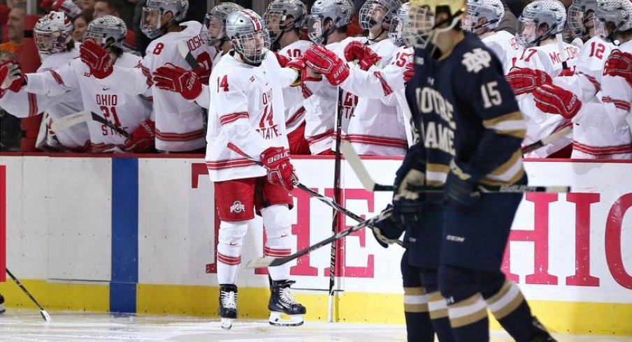 Austin Pooley celebrates his second goal in Ohio State's series against Notre Dame.