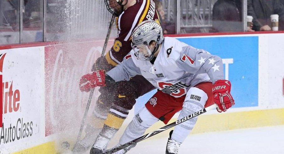 Buckeye defenseman Wyatt Ege battles Minnesota's Darian Romanko in the Gopher's 4-3 win over Ohio State.