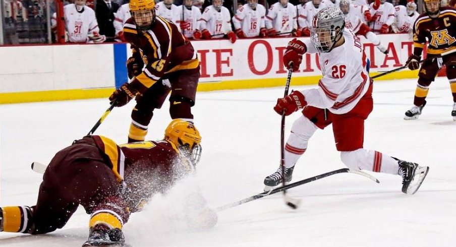 Buckeye captain Mason Jobst takes a shot in Saturday's 4-3 loss to Minnesota. 