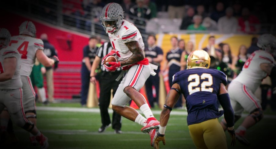 Jan 1, 2016; Glendale, AZ, USA; Ohio State Buckeyes wide receiver Braxton Miller (1) makes a catch as Ohio State Buckeyes cornerback Marshon Lattimore (2) defends during the first half in the 2016 Fiesta Bowl at University of Phoenix Stadium. Mandatory Credit: Matt Kartozian-USA TODAY 