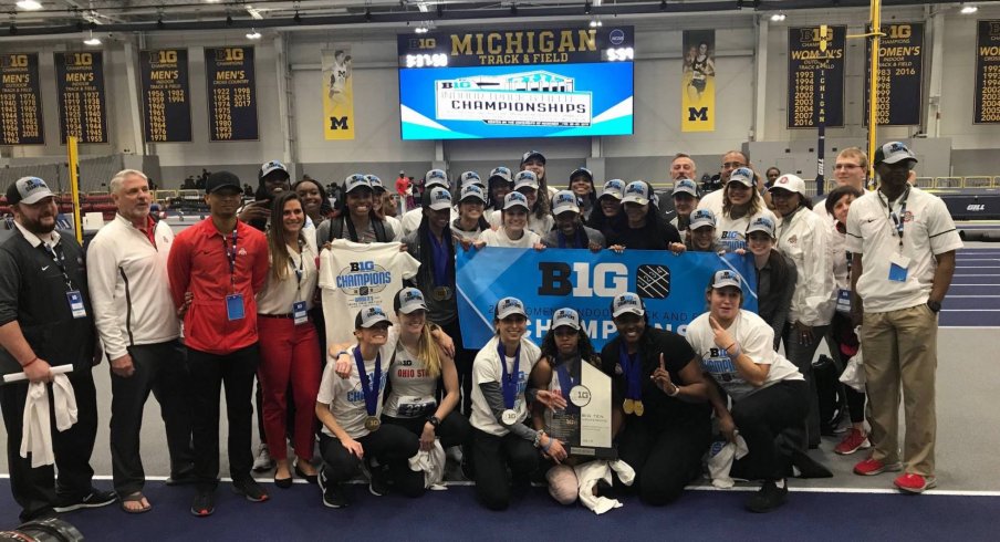 OSU's women's track and field team celebrate their Big Ten Championship
