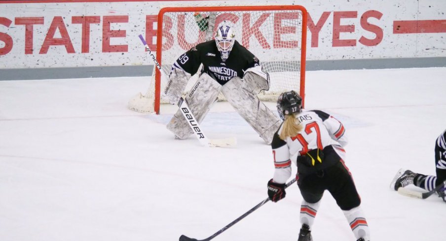 Emma Maltais lines up the game winning goal in overtime of Game 1 against Minnesota State.