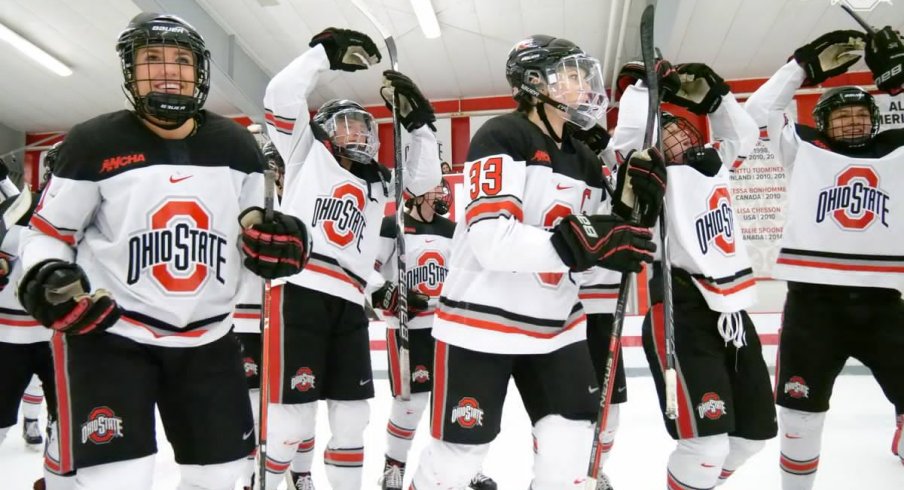 The women's hockey Buckeyes celebrate their WCHA quarterfinal win over Minnesota State.