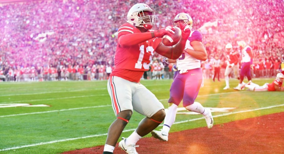 Jan 1, 2019; Pasadena, CA, USA; Ohio State Buckeyes tight end Rashod Berry (13) celebrates after making a catch for a touchdown in the first half against the Washington Huskies in the 2019 Rose Bowl at Rose Bowl Stadium. Mandatory Credit: Gary A. Vasquez-USA TODAY Sports