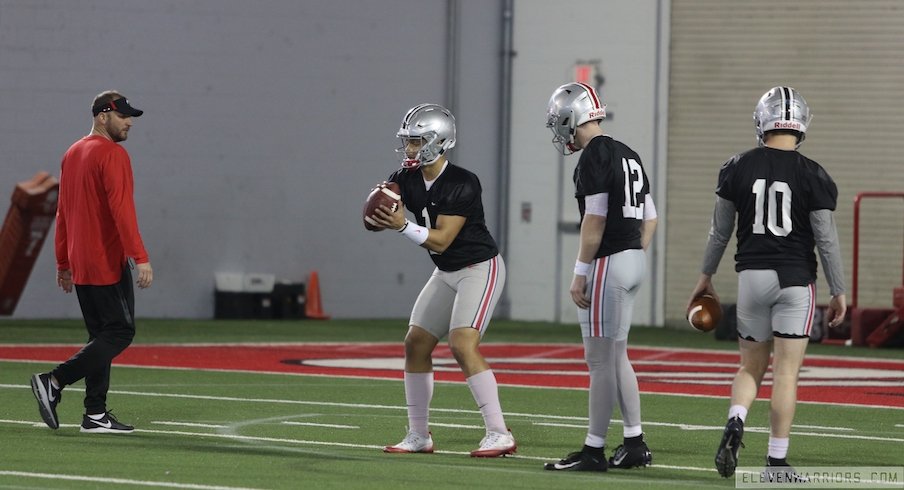 Justin Fields leads the quarterbacks at Ohio State's first spring practice.