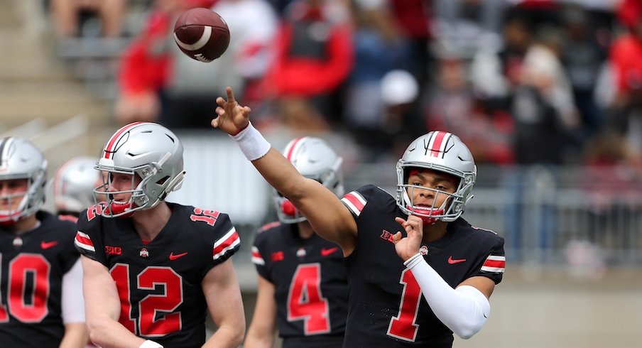 Justin Fields warming up before Ohio State's spring game