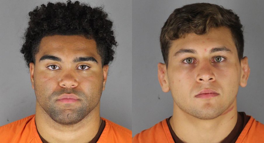 Minnesota wrestlers Gable Steveson (left) and Dylan Martinez were arrested Saturday night.