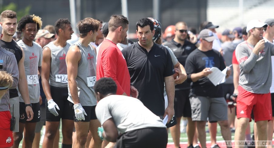 Ryan Day and wide receivers coach Brian Hartline at a recent recruiting camp.