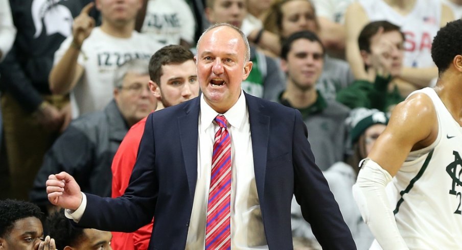 Feb 14, 2017; East Lansing, MI, USA; Ohio State Buckeyes head coach Thad Matta reacts to a play during the second half of a game against the Michigan State Spartans at the Jack Breslin Student Events Center. Mandatory Credit: Mike Carter-USA TODAY Sports