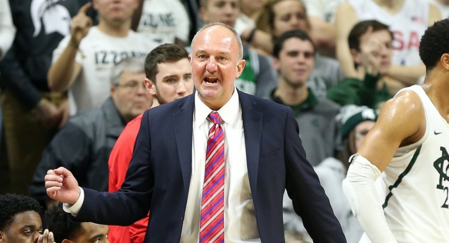 Feb 14, 2017; East Lansing, MI, USA; Ohio State Buckeyes head coach Thad Matta reacts to a play during the second half of a game against the Michigan State Spartans at the Jack Breslin Student Events Center. Mandatory Credit: Mike Carter-USA TODAY Sports