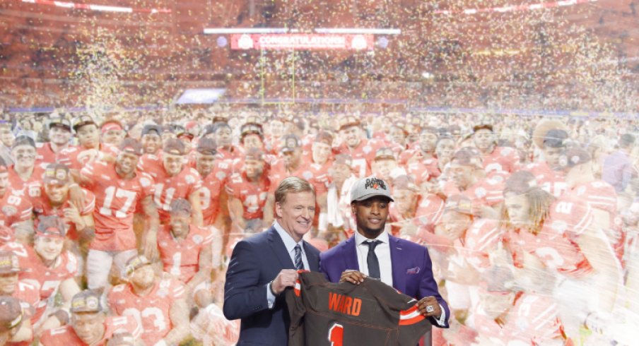 Apr 26, 2018; Arlington, TX, USA; Denzel Ward (Ohio State) is selected as the number four overall pick to the Cleveland Browns in the first round of the 2018 NFL Draft at AT&T Stadium | Dec 29, 2017; Arlington, TX, USA; Ohio State Buckeyes players pose for a photo after the game against the USC Trojans in the 2017 Cotton Bowl at AT&T Stadium