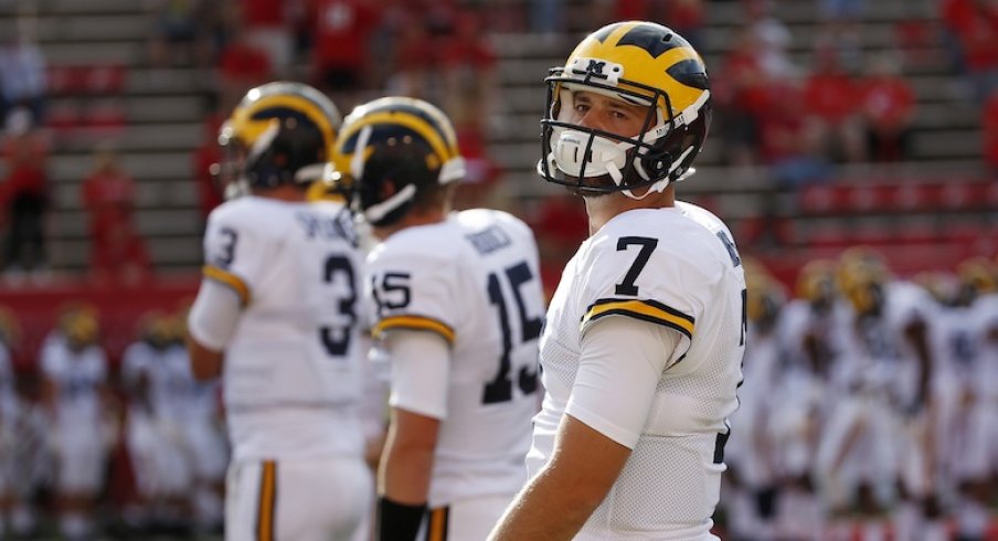 Sep 3, 2015; Salt Lake City, UT, USA; Michigan Wolverines quarterback Shane Morris (7) warms up prior to their game against the Utah Utes at Rice-Eccles Stadium. Mandatory Credit: Jeff Swinger-USA TODAY Sports