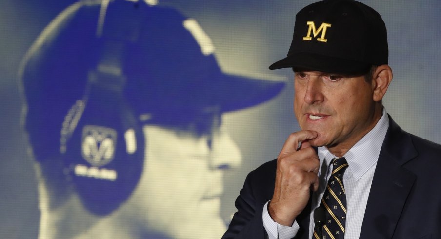 Jul 19, 2019; Chicago, IL, USA; Michigan Wolverines head coach Jim Harbaugh speaks during the Big Ten Football Media Days event at Hilton Chicago. Mandatory Credit: Jim Young-USA TODAY Sports