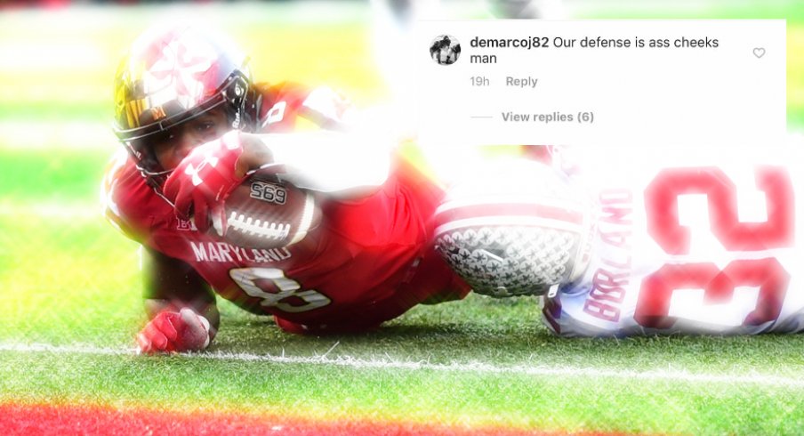 Nov 17, 2018; College Park, MD, USA; Maryland Terrapins Tayon Fleet-Davis (8) dives past Ohio State Buckeyes linebacker Tuf Borland (32) for a touchdown in overtime at Capital One Field at Maryland Stadium. Mandatory Credit: Tommy Gilligan-USA TODAY Sports