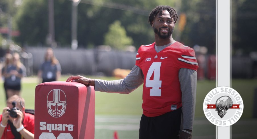 Jordan Fuller poses with a pad, for some reason, in today's skull session.