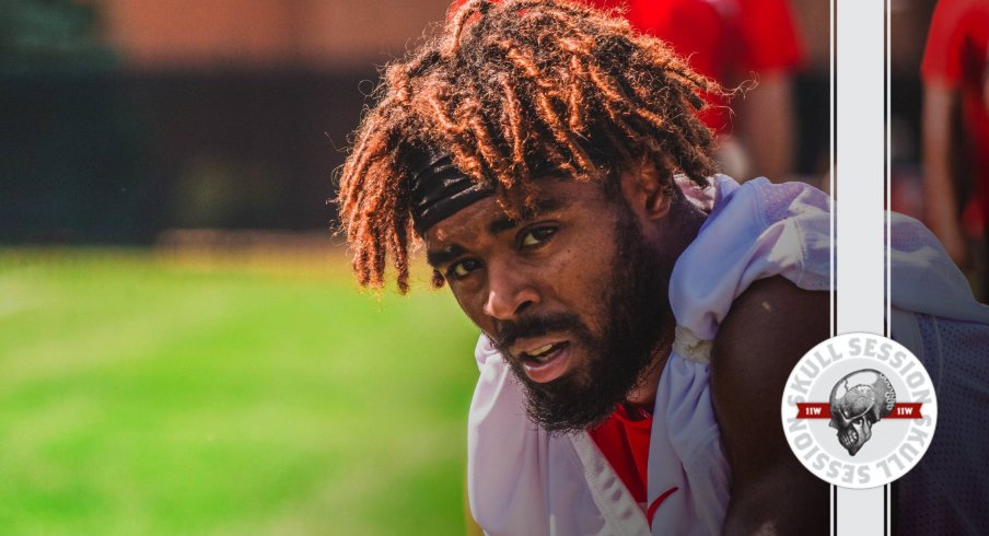 Future first-round pick Damon Arnette stares at today's skull session.