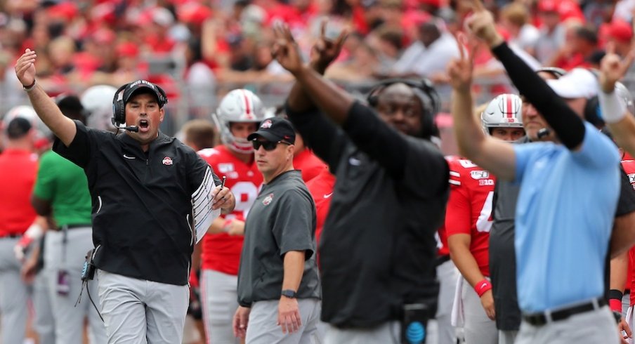 Aug 31, 2019; Columbus, OH, USA; Ohio State Buckeyes head coach Ryan Day reacts during the second half against the Florida Atlantic Owls at Ohio Stadium. Mandatory Credit: Joe Maiorana-USA TODAY Sports