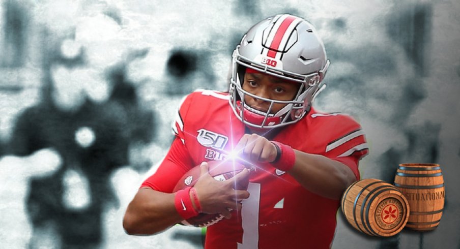 Aug 31, 2019; Columbus, OH, USA; Ohio State Buckeyes quarterback Justin Fields (1) runs against the Florida Atlantic Owls during the second half at Ohio Stadium. Mandatory Credit: Joe Maiorana-USA TODAY Sports