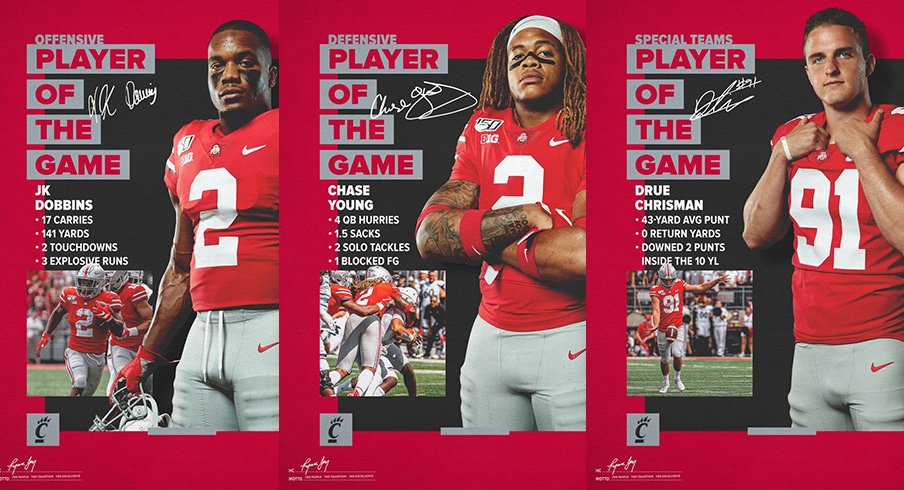 J.K. Dobbins, Chase Young and Drue Chrisman were named Ohio State's players of the game for the win over Cincinnati.