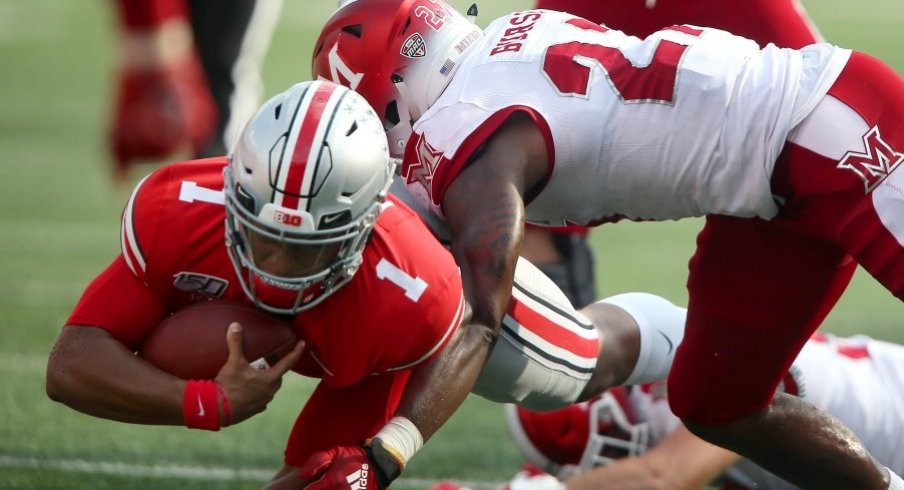 J.K. Dobbins racked up six total touchdowns in the first half against Miami. 