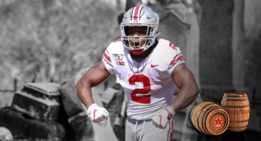 Sep 14, 2019; Bloomington, IN, USA; Ohio State Buckeyes running back J.K. Dobbins (2) reacts to scoring a touchdown against the Indiana Hoosiers during the second quarter at Memorial Stadium . Mandatory Credit: Brian Spurlock-USA TODAY Sports