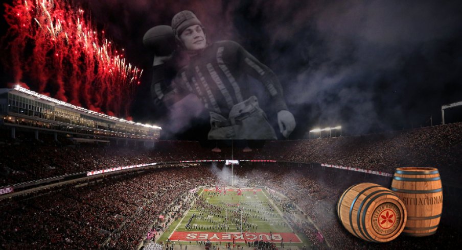 Oct 5, 2019; Columbus, OH, USA; The Ohio State Buckeyes take the field before the game against the Michigan State Spartans at Ohio Stadium. Mandatory Credit: Joe Maiorana-USA TODAY Sports