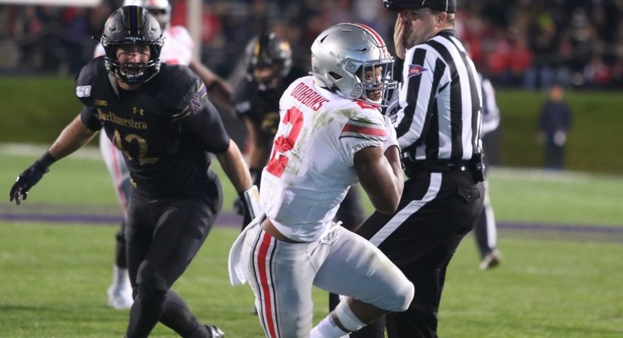 J.K. Dobbins hauled in his fifth career touchdown catch off a 'Texas' route out of the backfield.