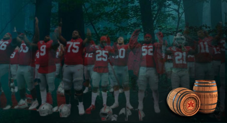 Oct 26, 2019; Columbus, OH, USA; The Ohio State Buckeyes celebrates with fans after the game against the Wisconsin Badgers at Ohio Stadium. Mandatory Credit: Joe Maiorana-USA TODAY Sports