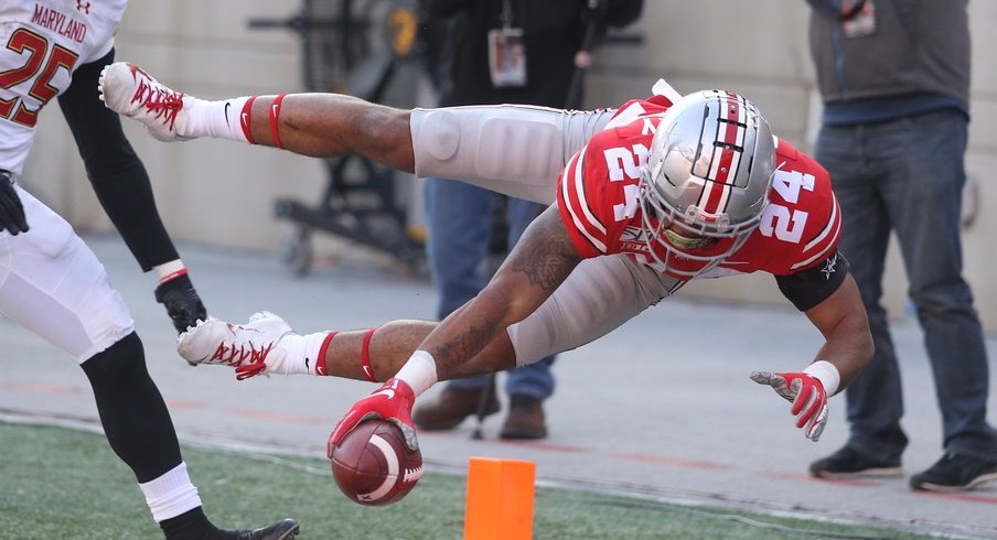 Ohio State's Marcus Crowley reaches for a touchdown against Maryland