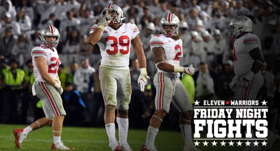 Sep 29, 2018; University Park, PA, USA; Ohio State Buckeyes linebacker Malik Harrison (39) reacts after stopping the Penn State Nittany Lions on fourth down in the fourth quarter at Beaver Stadium. Mandatory Credit: James Lang-USA TODAY Sports