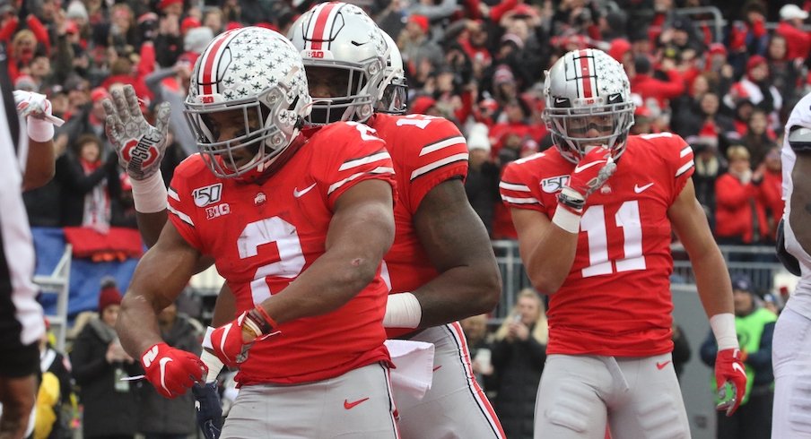 J.K. Dobbins celebrates after a touchdown.