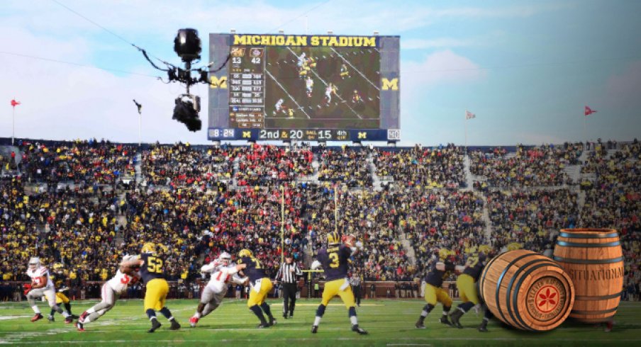 Nov 28, 2015; Ann Arbor, MI, USA; Michigan Wolverines quarterback Wilton Speight (3) drops back to pass during the game against the Ohio State Buckeyes at Michigan Stadium. Mandatory Credit: Tim Fuller-USA TODAY Sports