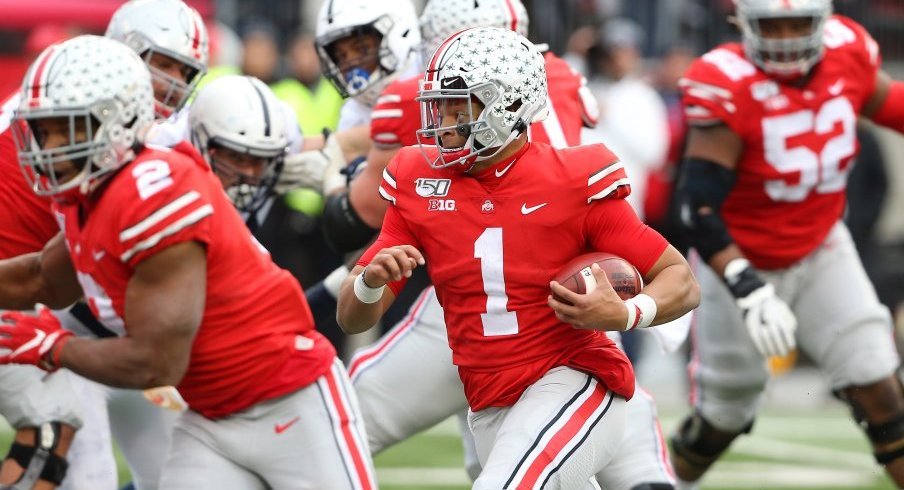 Justin Fields logged a career-high 21 rushing attempts versus Penn State. 