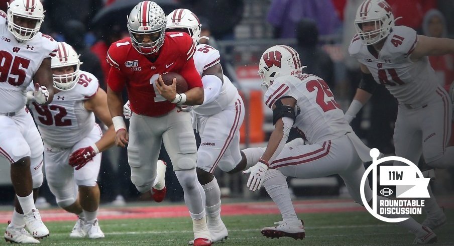 Justin Fields ran for a touchdown and threw for two more in a 38-7 win over Wisconsin back in October.