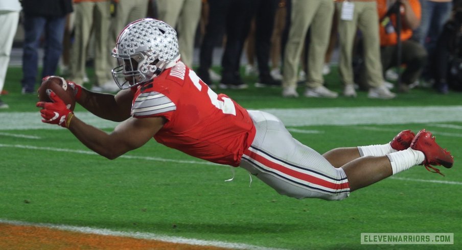 J.K. Dobbins going to the ground on his near-touchdown catch.