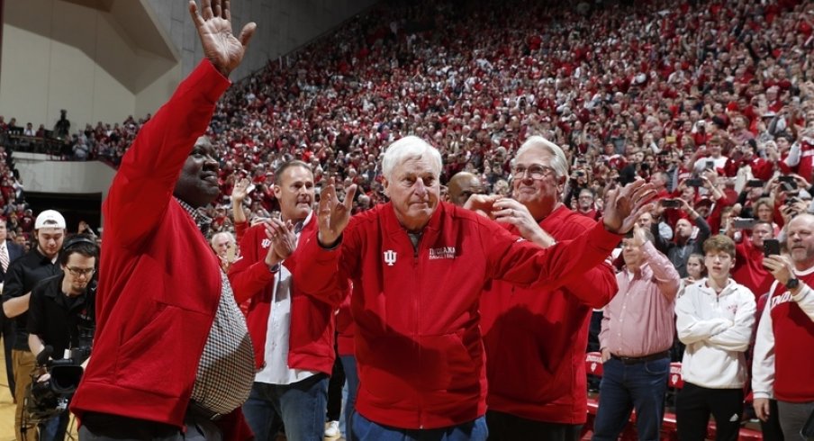 Bob Knight is recognized at halftime of Indiana's matchup against Purdue.