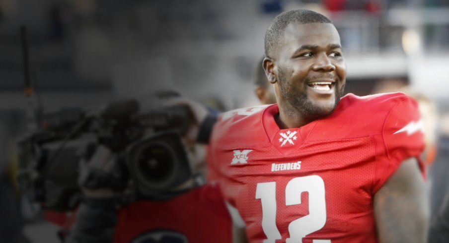 Feb 8, 2020; Washington, DC, USA; DC Defenders quarterback Cardale Jones (12) smiles while leaving the field after the Defenders game against the Seattle Dragons in an XFL football game at Audi Field. Mandatory Credit: Geoff Burke-USA TODAY Sports