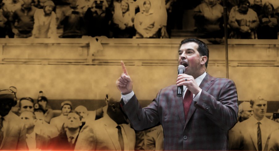 Nov 23, 2019; Columbus, OH, USA; Ohio State Buckeyes head coach Ryan Day addresses fans and the OSU marching band prior to the game against the Penn State Nittany Lions at Ohio Stadium. Mandatory Credit: Greg Bartram-USA TODAY Sports