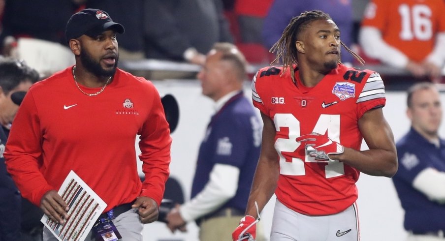 Dec 28, 2019; Glendale, AZ, USA; Ohio State Buckeyes cornerback Shaun Wade (24) leaves the field after being ejected for targeting in the 2019 Fiesta Bowl college football playoff semifinal game against the Clemson Tigers at State Farm Stadium. Mandatory Credit: Mark J. Rebilas-USA TODAY Sports