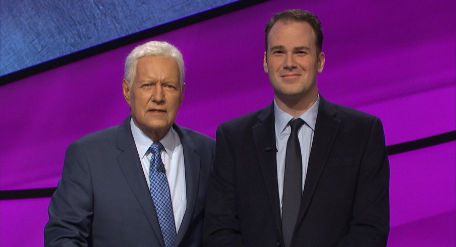 "Jeopardy" host Alex Trebek (left) poses with Aaron Goetsch (right) of Macomb, MI. Goetsch appeared as a contestant on the show on Thursday, Feb. 27. 2020. (Photo courtesy of Jeopardy Productions, Inc.)