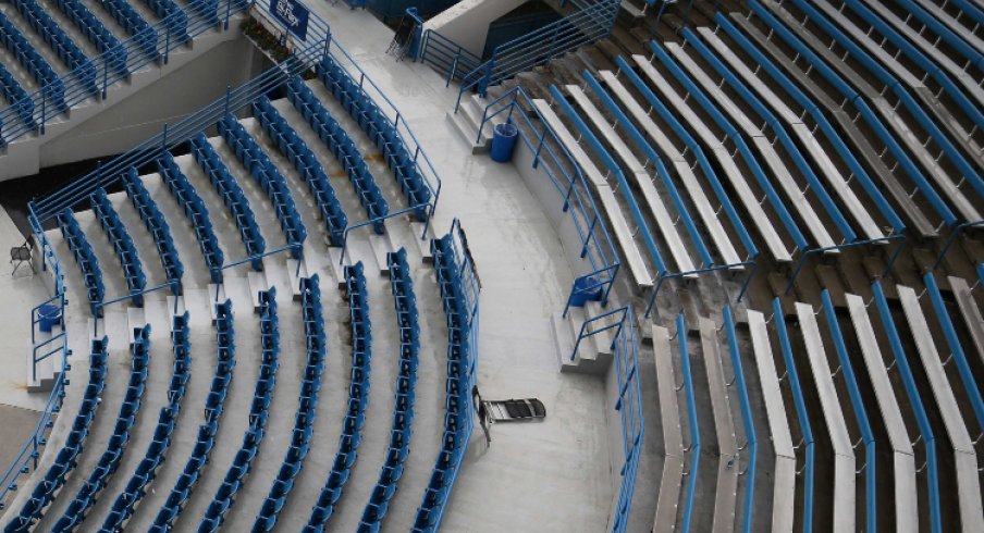 Aug 11, 2018; Mason, OH, USA; A view of empty seats at center court as rain falls and play is stopped due to weather in the Western and Southern tennis open at Lindner Family Tennis Center. Mandatory Credit: Aaron Doster-USA TODAY Sports