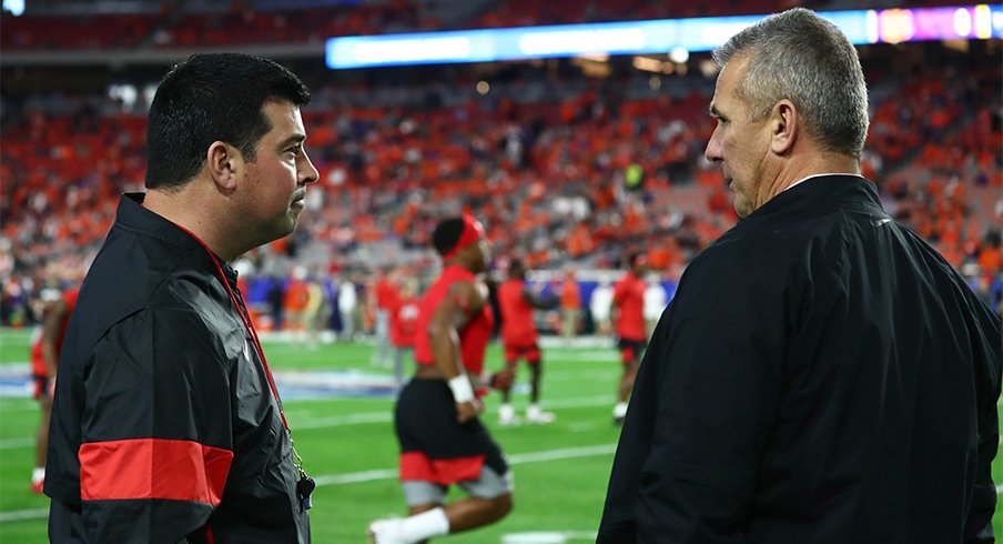 Ohio State head coach Ryan Day with former coach Urban Meyer