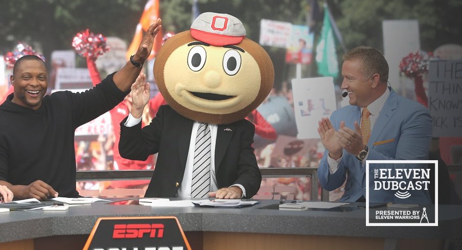 Brutus (aka Lee Corso), Eddie George, and Kirk Herbstreit on College Gameday