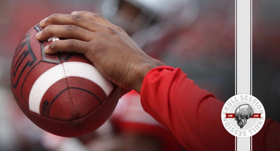 Justin Fields holds a ball in today's skull session.